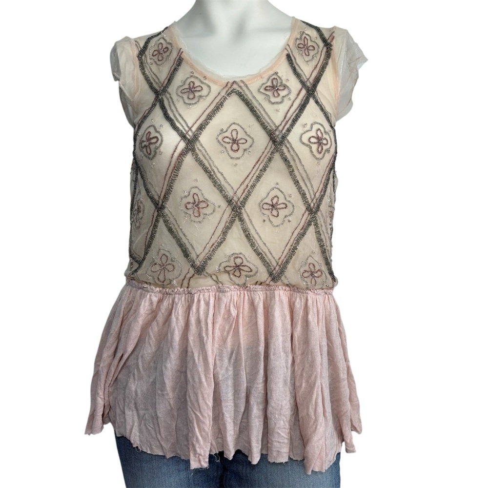 Free People Pink Embroidered Short Sleeve Tee